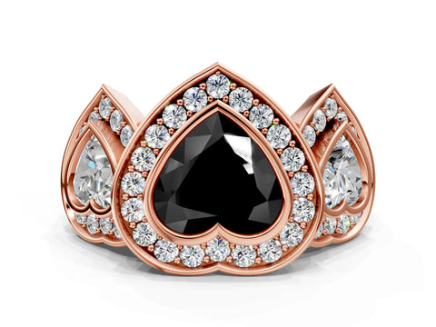 Rose gold Three-Stone Fancy Black Heart Cut Halo Pavé Diamond Ring
