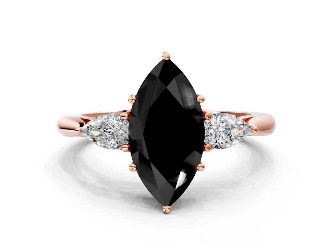 Rose gold Three-Stone Fancy Black Marquise Cut Brilliant Diamond Solitaire Ring with Tapered Band and Four-Prong Setting_3