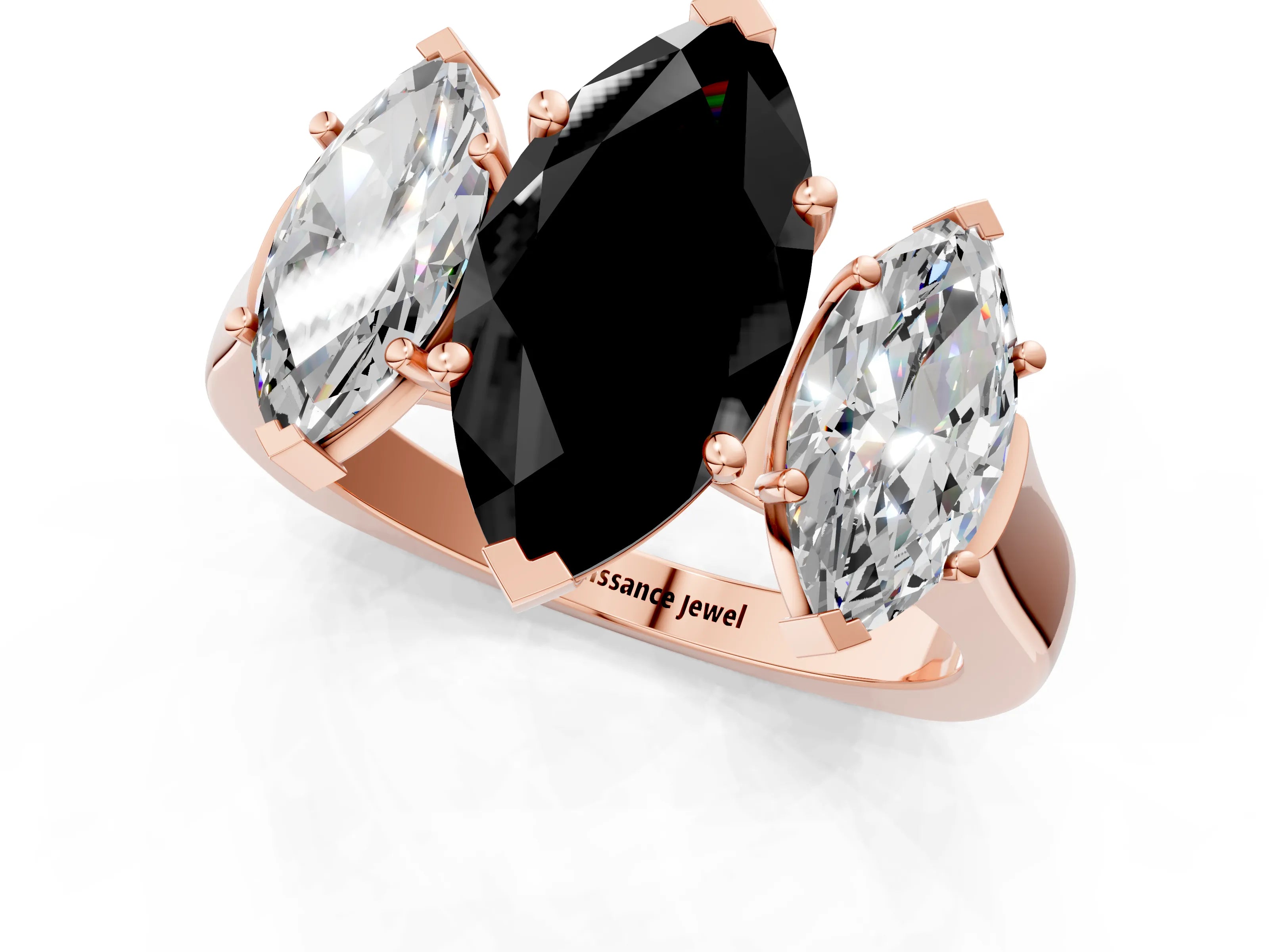 Rose gold Three-Stone Fancy Black Marquise Cut Brilliant Diamond Trellis Ring with Comfort Fit Band_1