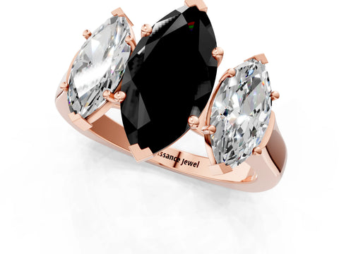 Rose gold Three-Stone Fancy Black Marquise Cut Brilliant Diamond Trellis Ring with Comfort Fit Band_1