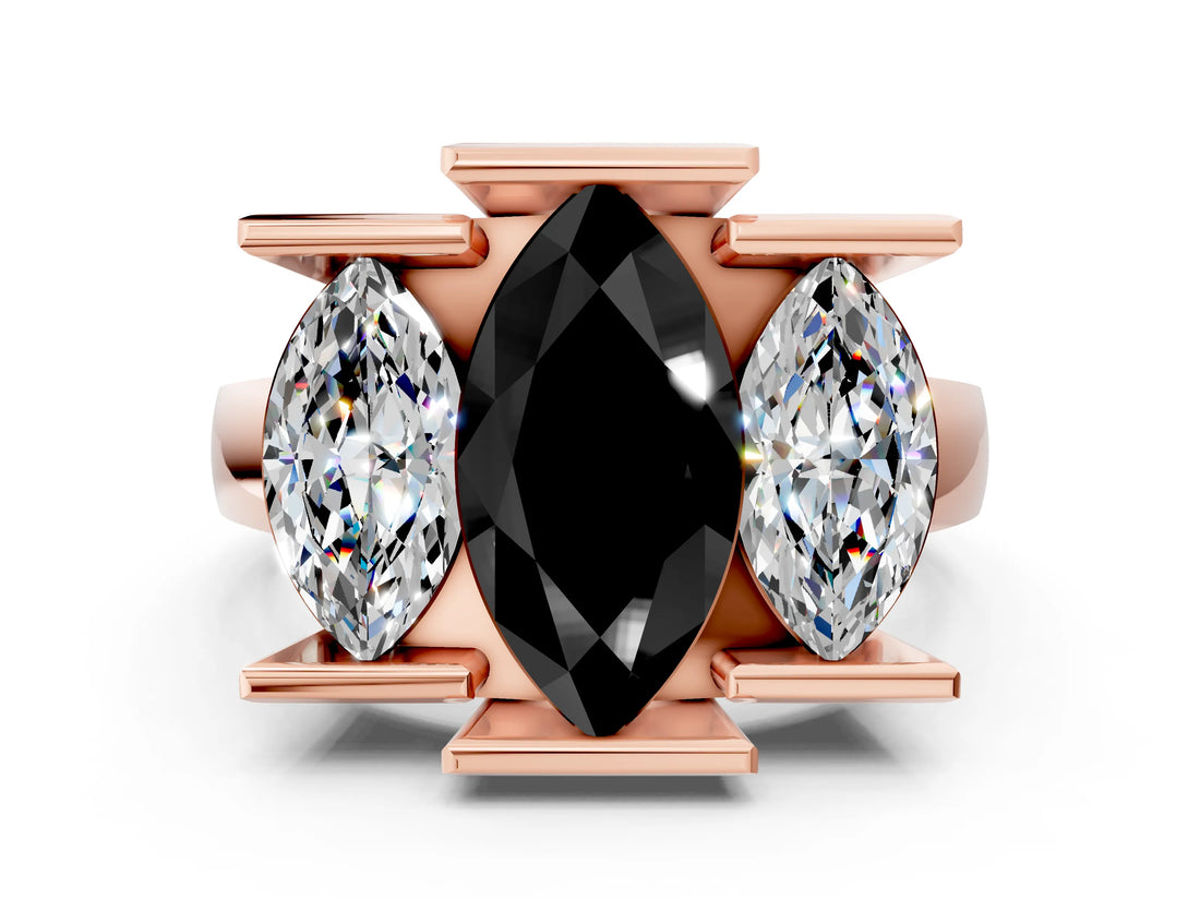 Rose gold Three Stone Fancy Black Marquise Cut Cut Channel Set Diamond Ring