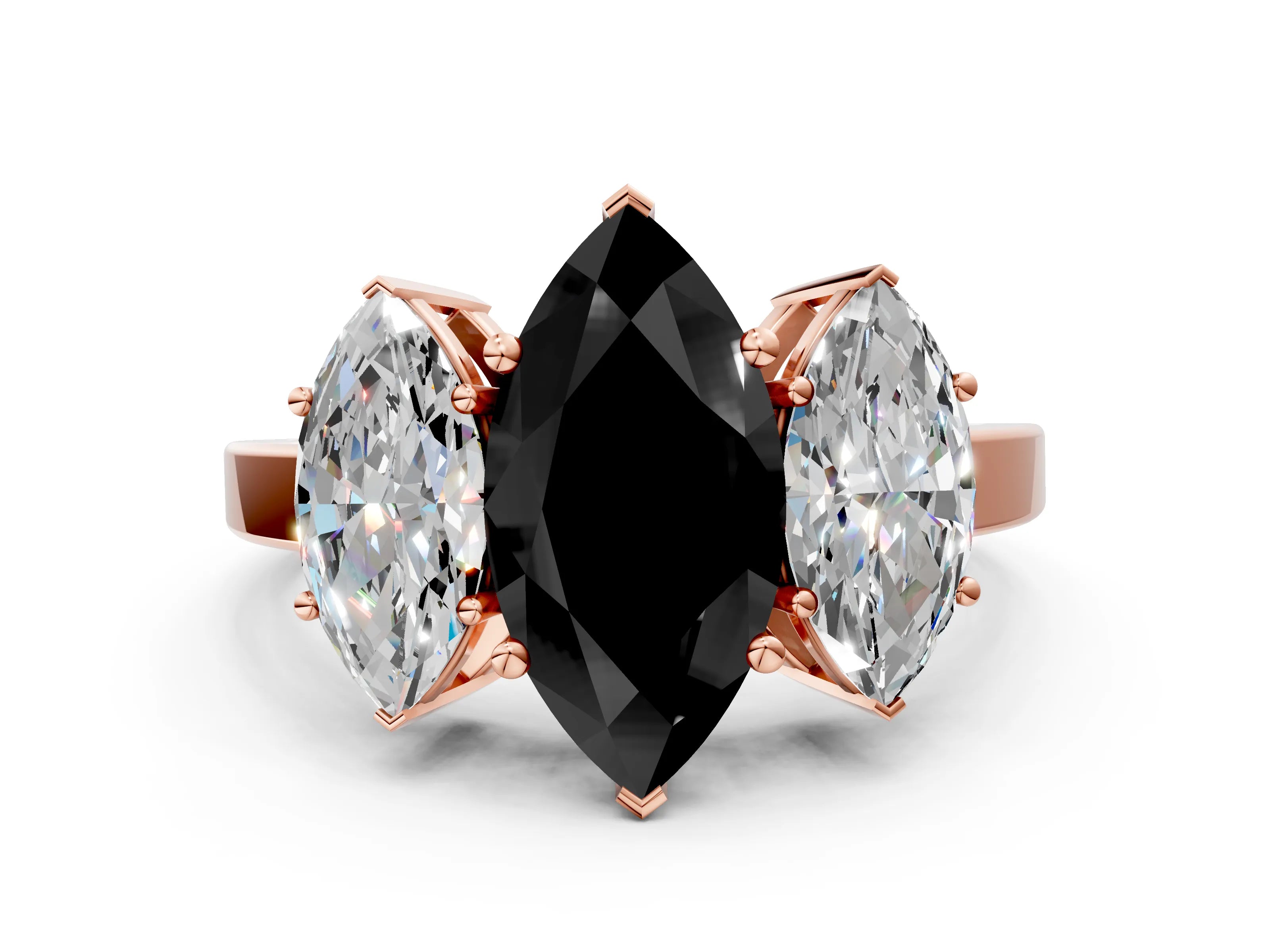 Rose gold Three-Stone Fancy Black Marquise Cut Cut Diamond Engagement Ring with Flat Band and Four-Prong Setting