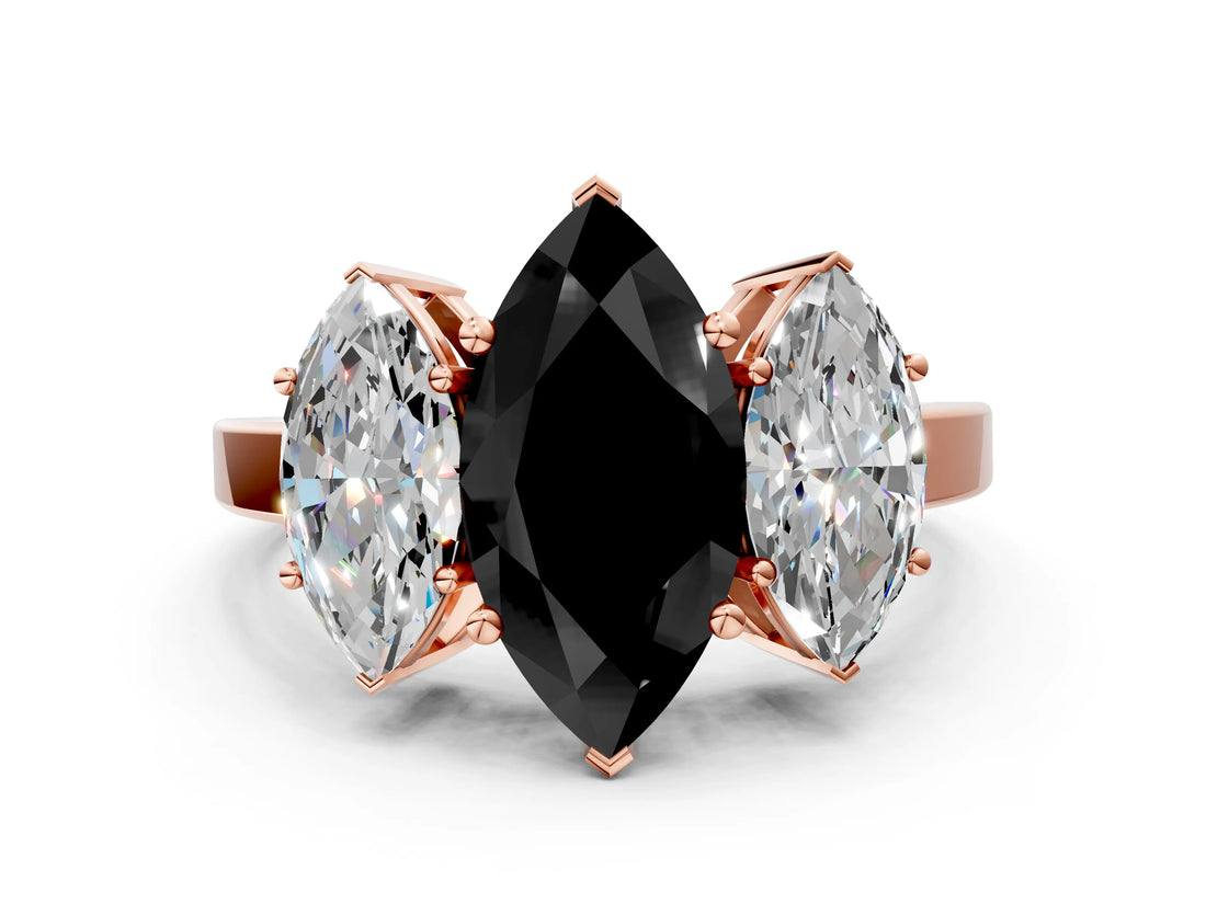 Rose gold Three-Stone Fancy Black Marquise Cut Cut Diamond Engagement Ring with Flat Band and Four-Prong Setting_12