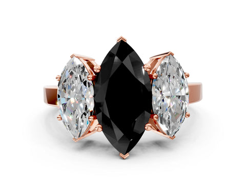 Rose gold Three-Stone Fancy Black Marquise Cut Cut Diamond Engagement Ring with Flat Band and Four-Prong Setting