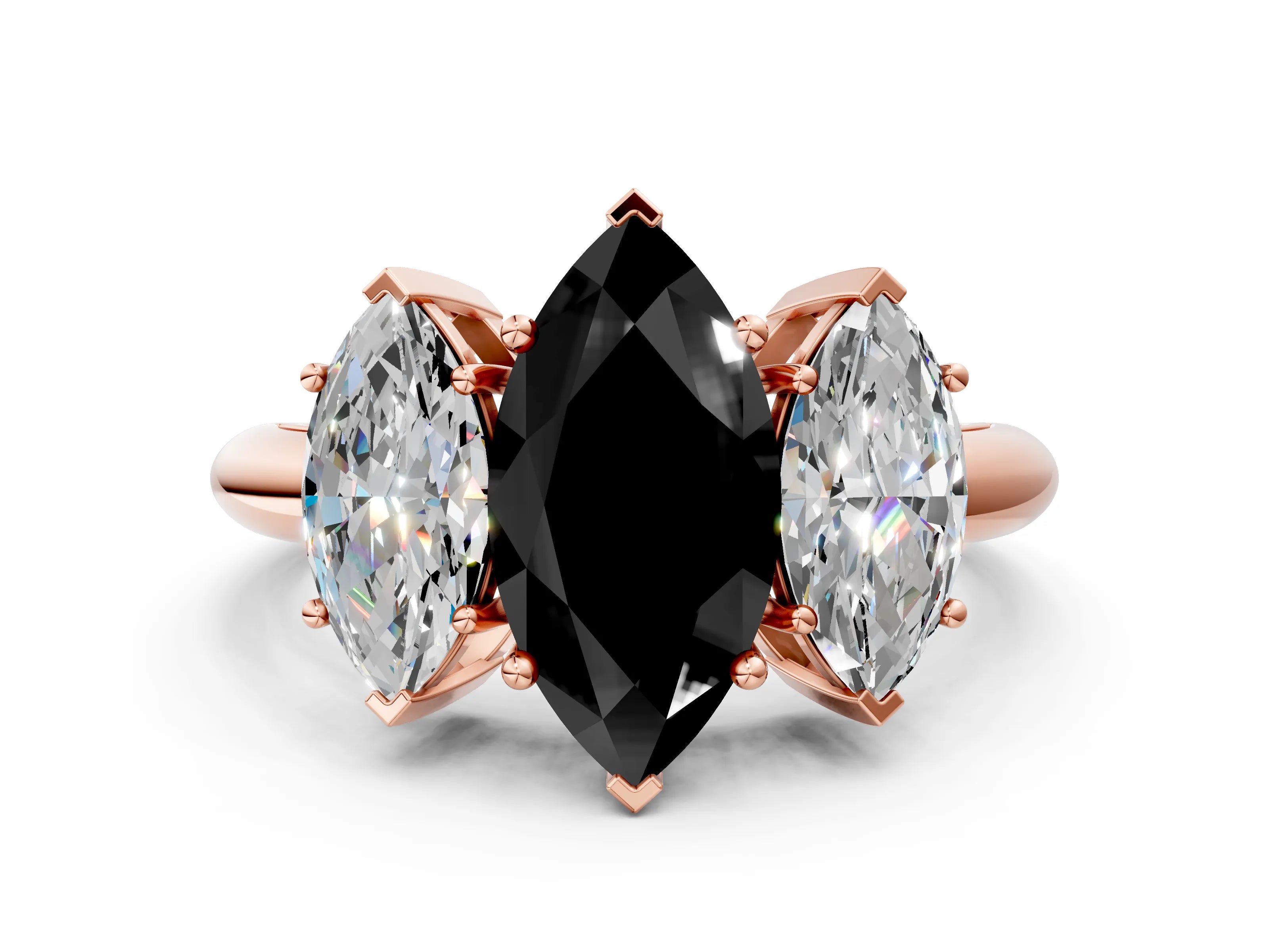 Rose gold Three-Stone Fancy Black Marquise Cut Cut Diamond Engagement Ring with Prong Setting on a White Gold Band