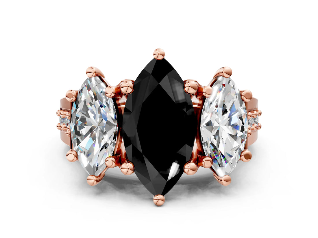 Rose gold Three-Stone Fancy Black Marquise Cut Cut Diamond Ring with Channel-Set Band and Four-Prong Setting_12