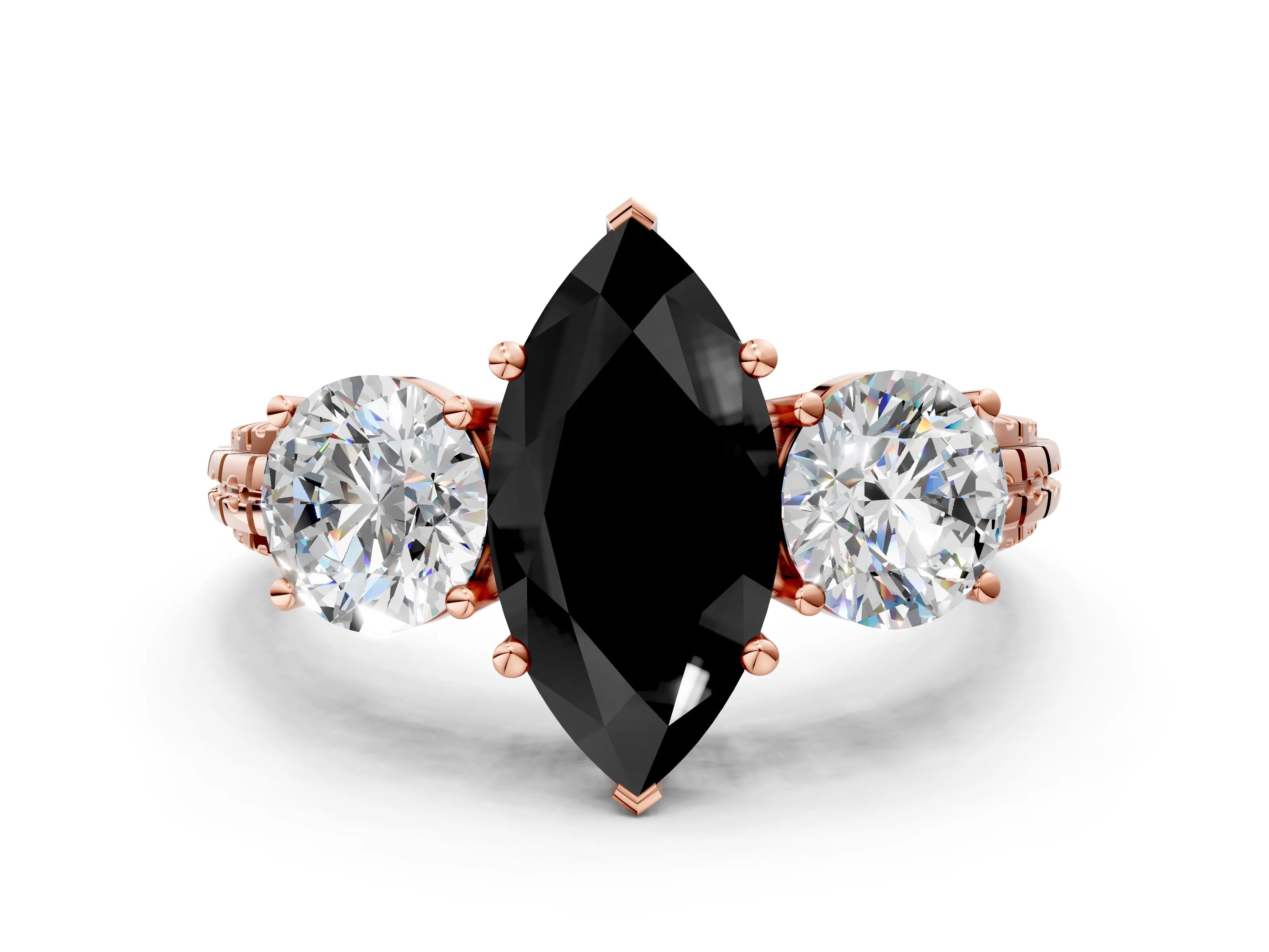 Rose gold Three-Stone Fancy Black Marquise Cut Cut Diamond Ring with Channel-Set Band and Prong Setting