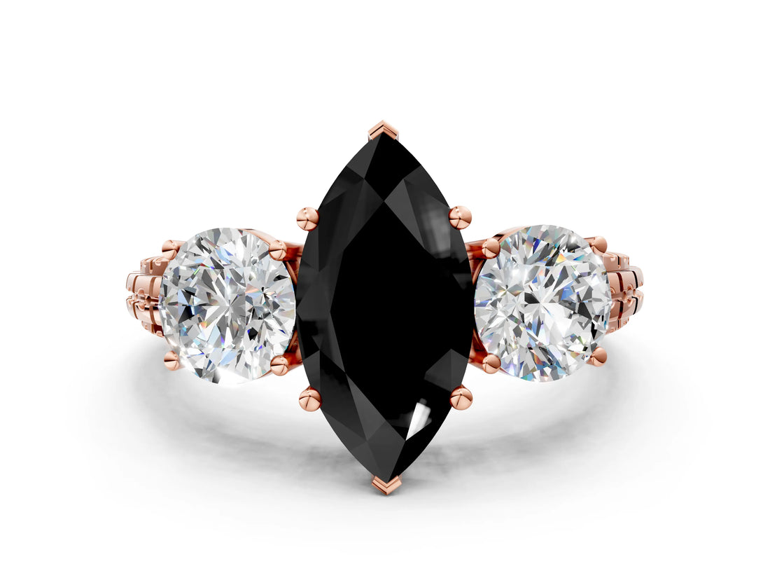 Rose gold Three-Stone Fancy Black Marquise Cut Cut Diamond Ring with Channel-Set Band and Prong Setting