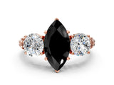 Rose gold Three-Stone Fancy Black Marquise Cut Cut Diamond Ring with Channel-Set Band and Prong Setting