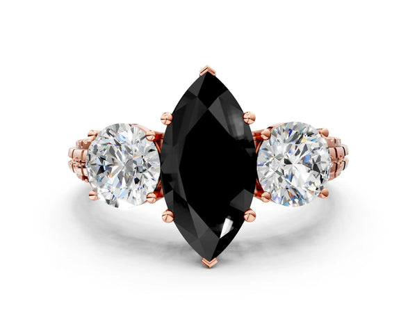 Rose Gold Marquise Three-Stone Engagement Ring Setting for Black Center with Engraved Notched Band