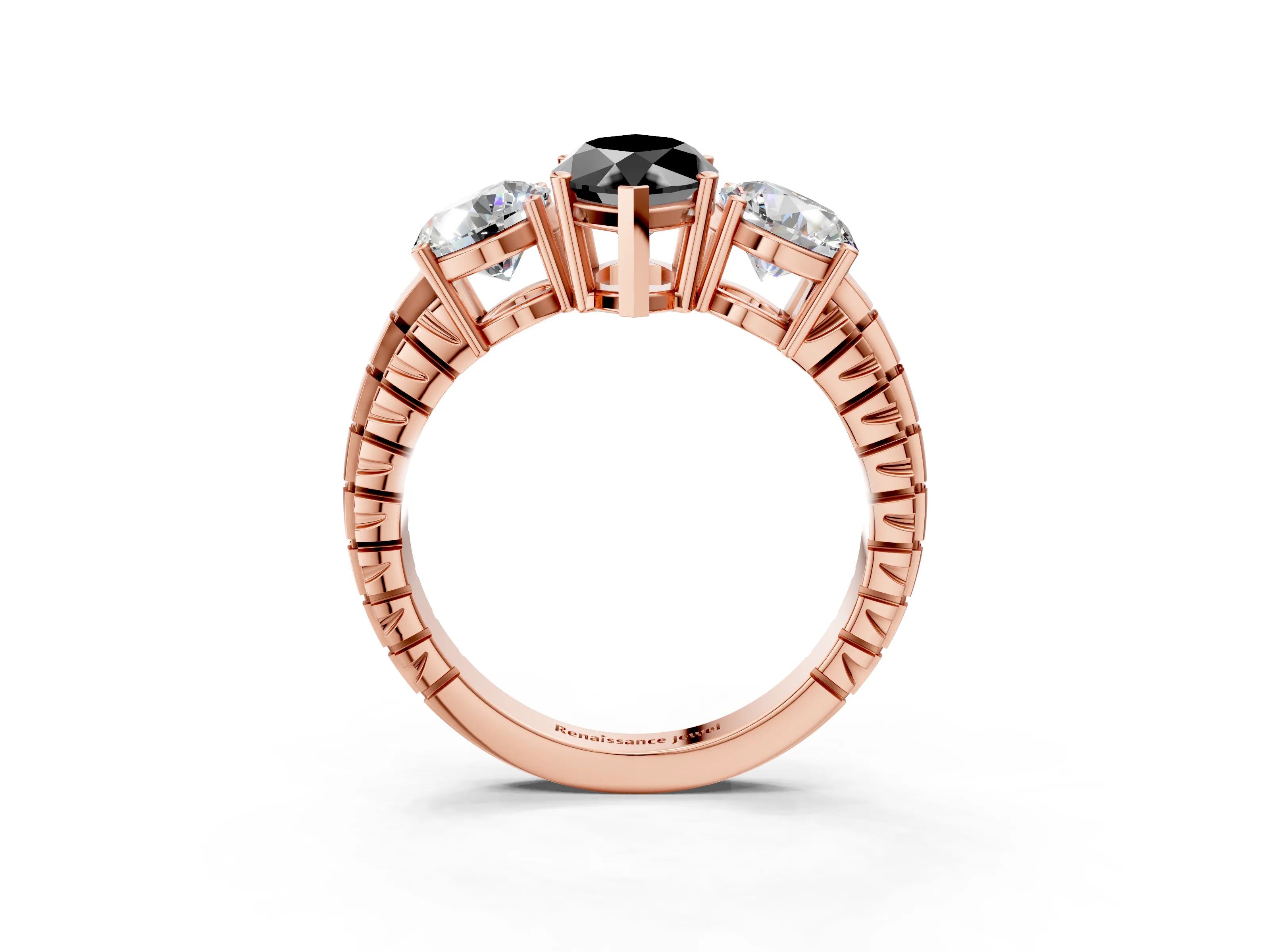 Rose gold Three-Stone Fancy Black Marquise Cut Cut Diamond Ring with Channel-Set Band and Prong Setting_3