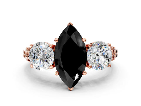 Rose gold Three-Stone Fancy Black Marquise Cut Cut Diamond Ring with Channel-Set Band and Prong Setting
