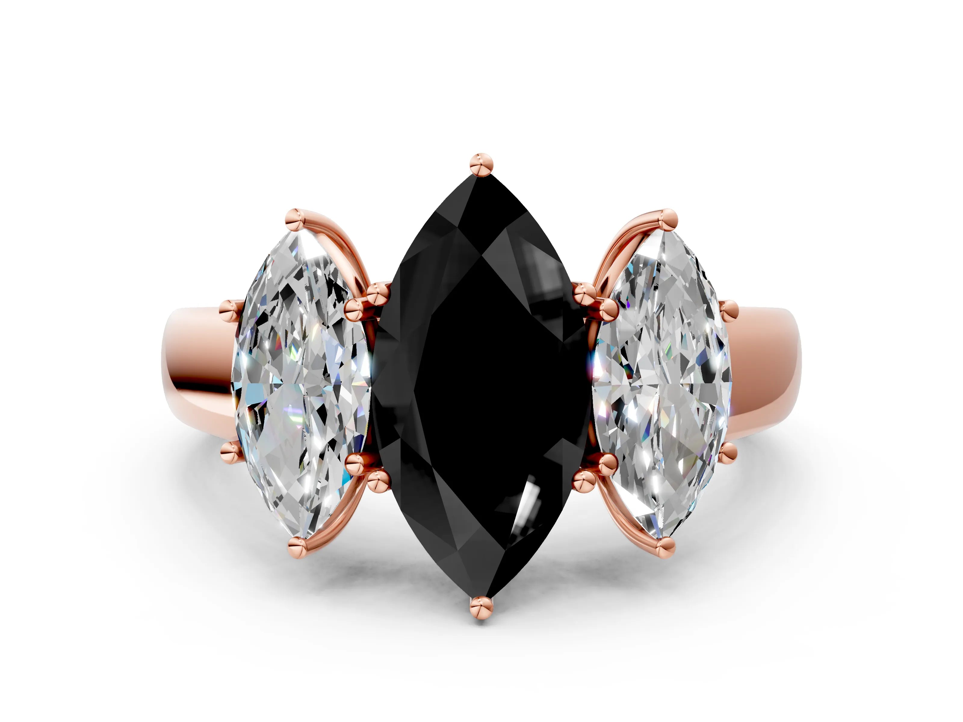 Rose gold Three-Stone Fancy Black Marquise Cut Cut Diamond Ring with Prong Setting and Classic Band