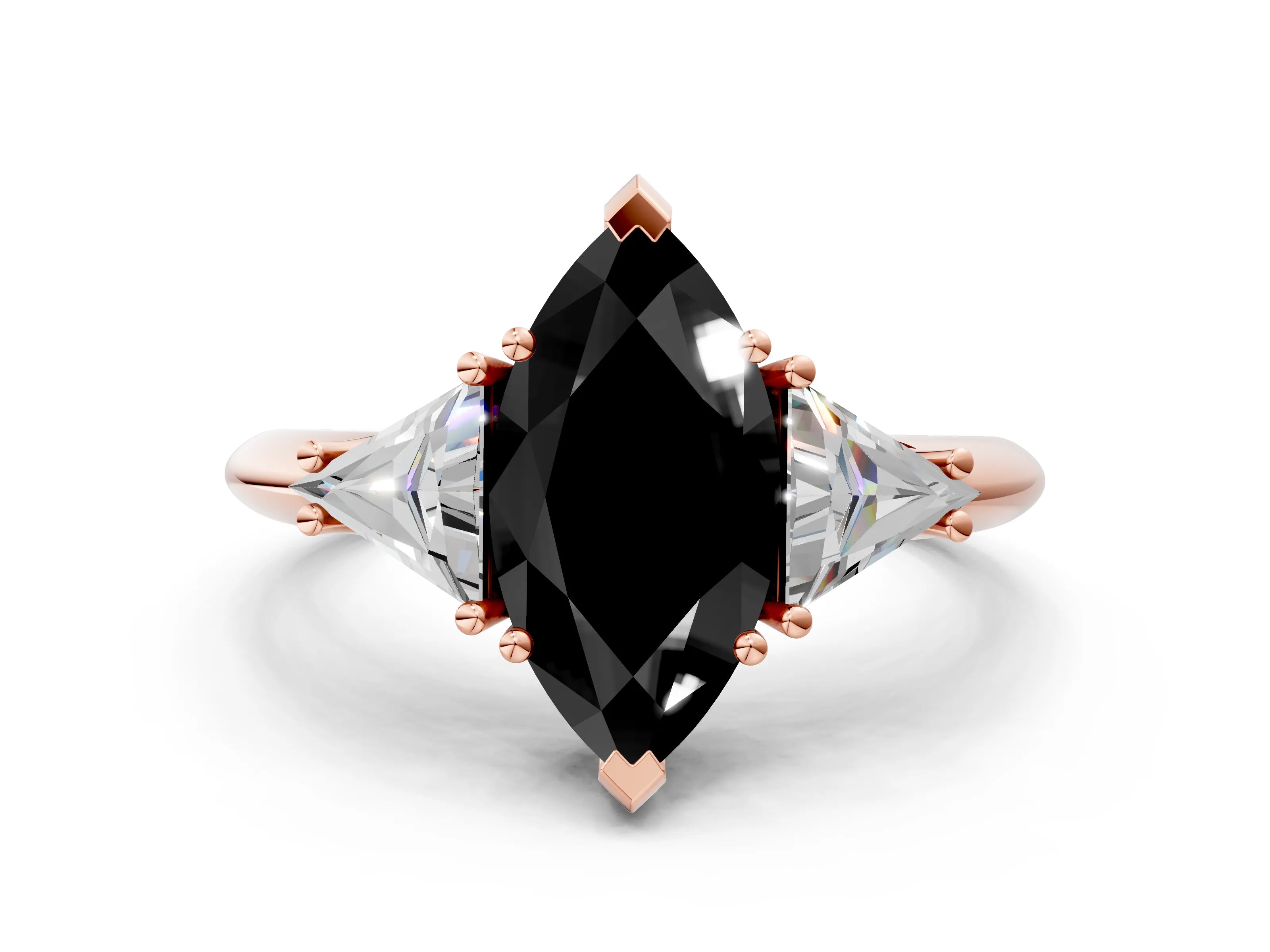Rose gold Three-Stone Fancy Black Marquise Cut Cut Diamond Ring with Trillion Side Stones and Four-Prong Setting_3