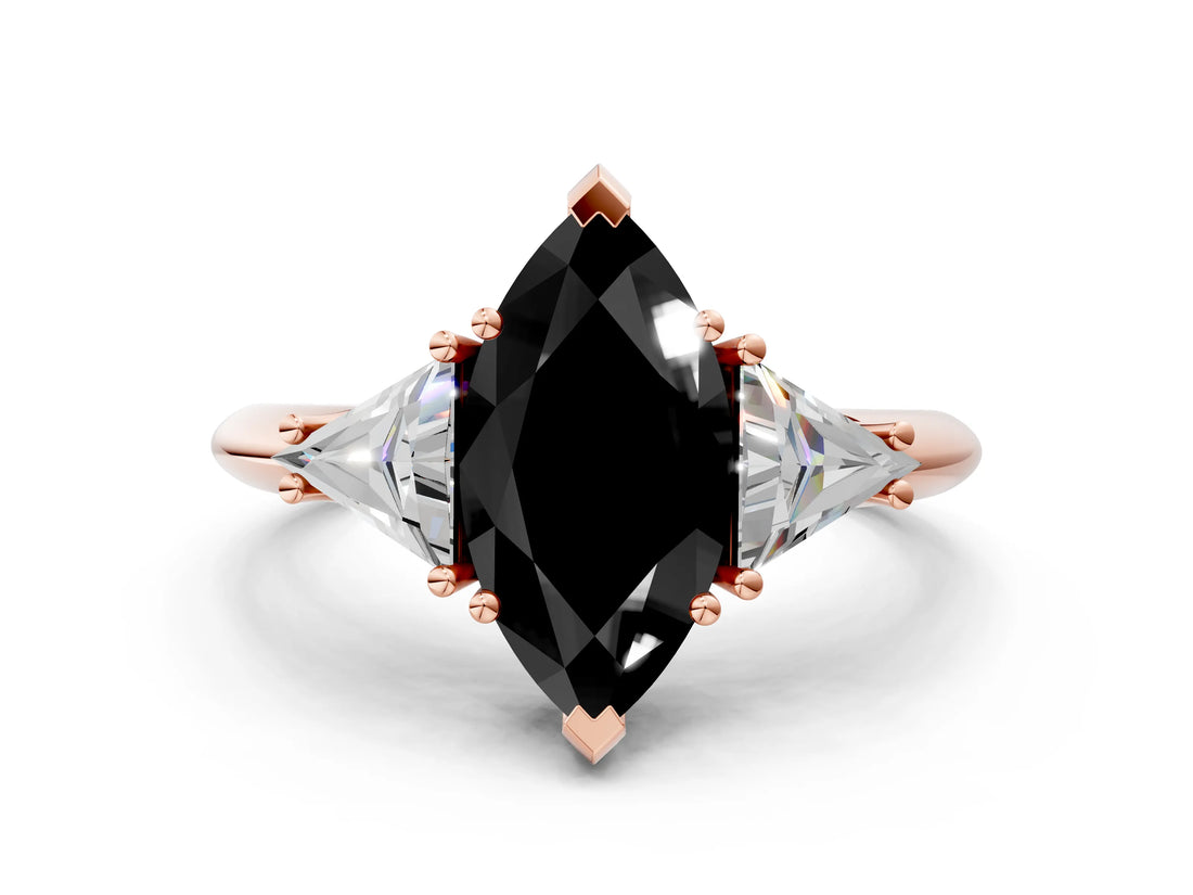 Rose gold Three-Stone Fancy Black Marquise Cut Cut Diamond Ring with Trillion Side Stones and Four-Prong Setting_3
