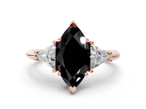 Rose gold Three-Stone Fancy Black Marquise Cut Cut Diamond Ring with Trillion Side Stones and Four-Prong Setting_3