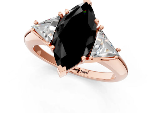 Rose gold Three-Stone Fancy Black Marquise Cut Cut Diamond Ring with Trillion Side Stones and Four-Prong Setting_4