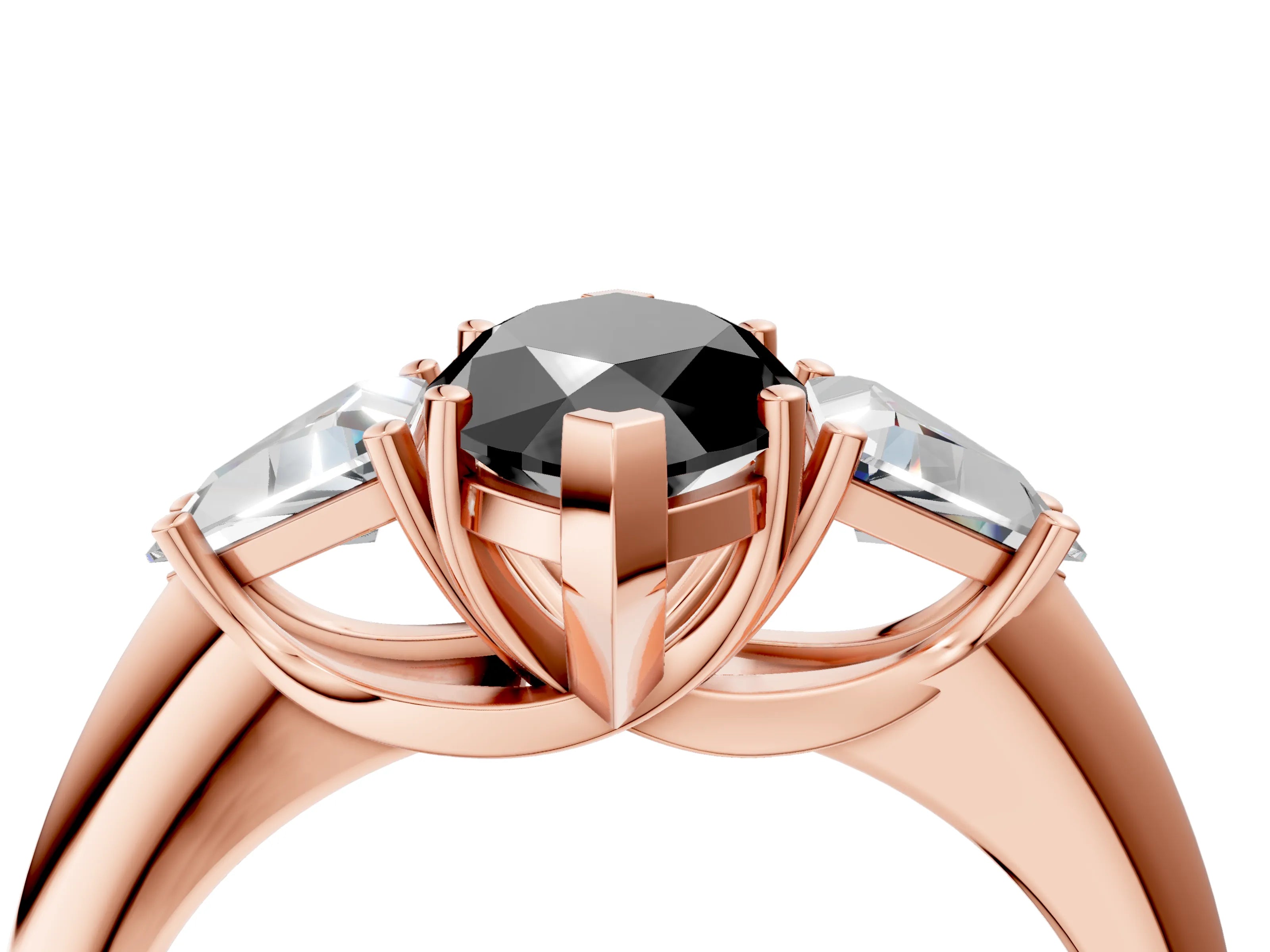 Rose gold Three-Stone Fancy Black Marquise Cut Cut Diamond Ring with Trillion Side Stones and Four-Prong Setting_7