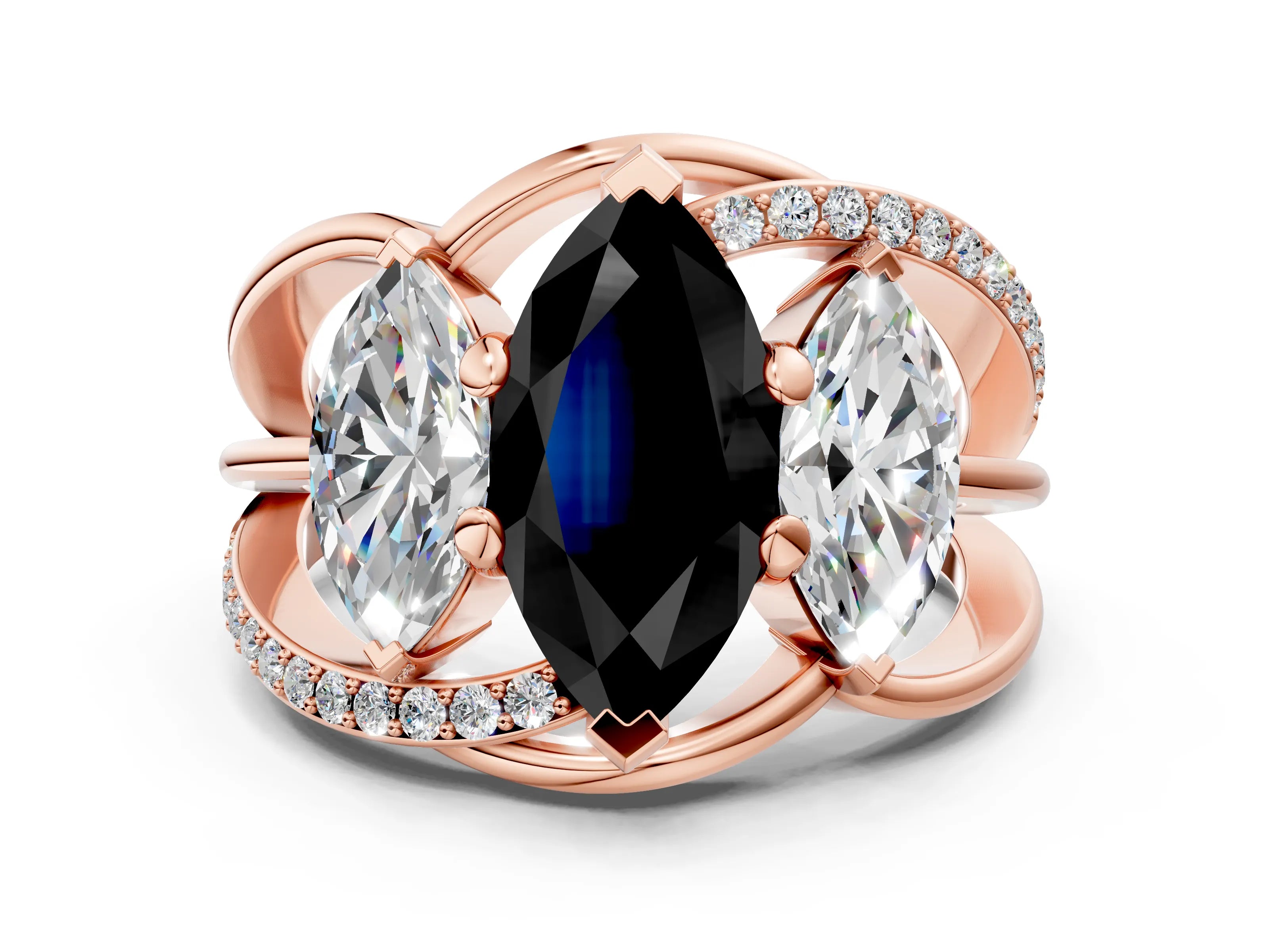 Rose gold Three-Stone Fancy Black Marquise Cut Cut Diamond Split Shank Prong Set Ring