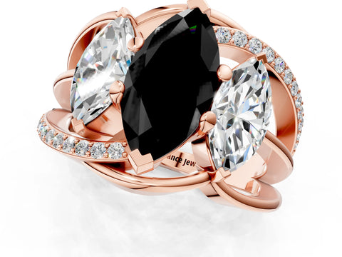 Rose gold Three-Stone Fancy Black Marquise Cut Cut Diamond Split Shank Prong Set Ring_1