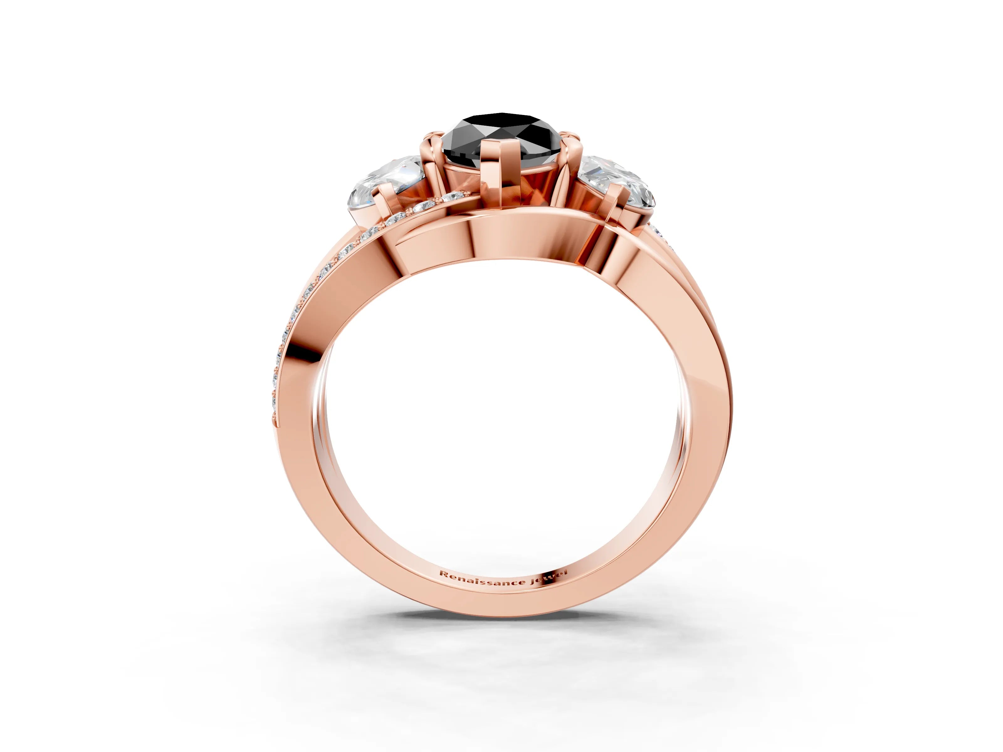 Rose gold Three-Stone Fancy Black Marquise Cut Cut Diamond Split Shank Prong Set Ring_3