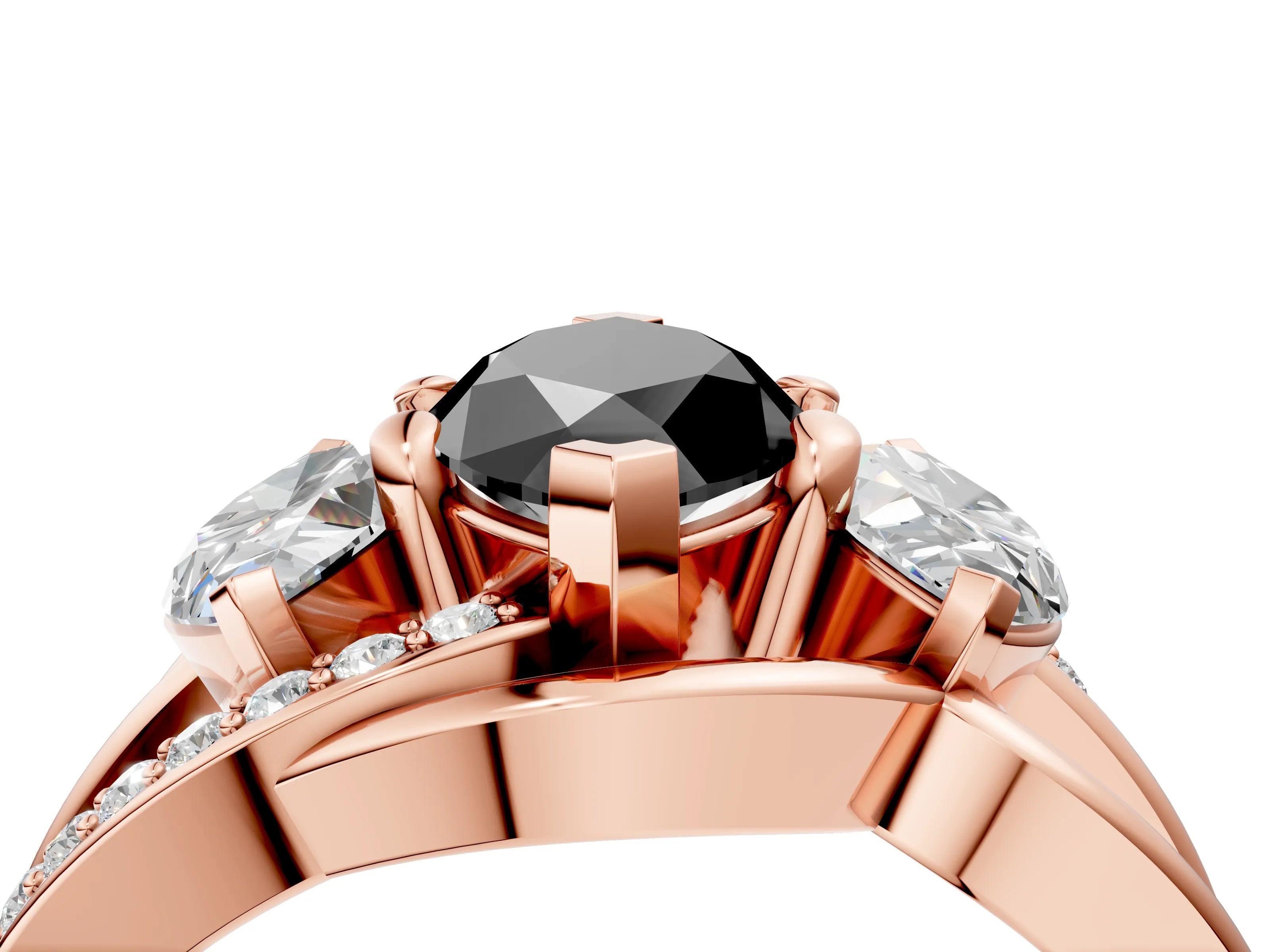 Rose gold Three-Stone Fancy Black Marquise Cut Cut Diamond Split Shank Prong Set Ring_4