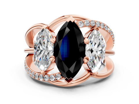 Rose gold Three-Stone Fancy Black Marquise Cut Cut Diamond Split Shank Prong Set Ring