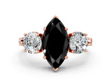 Rose gold Three-Stone Fancy Black Marquise Cut Cut Milgrain Band Prong Setting Ring