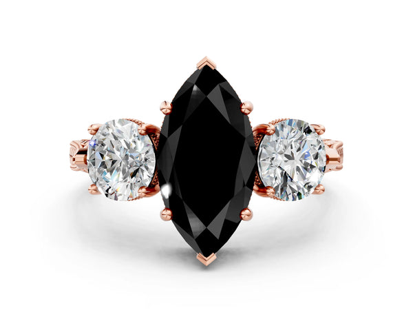Rose Gold Marquise Vintage Three Stone Engagement Ring Setting for Black Center