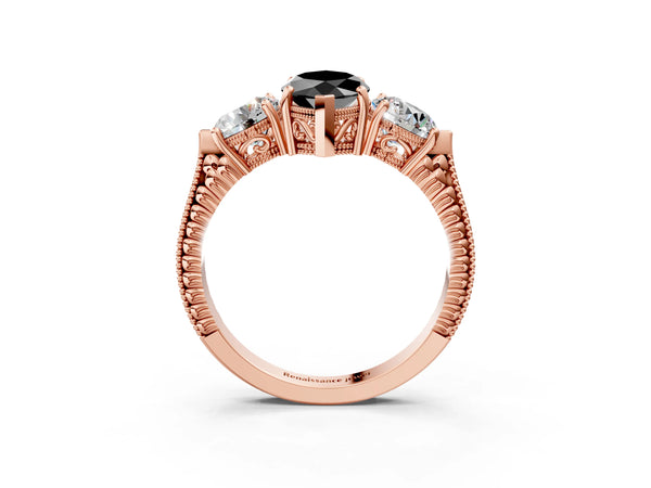 Rose Gold Marquise Vintage Three Stone Engagement Ring Setting for Black Center