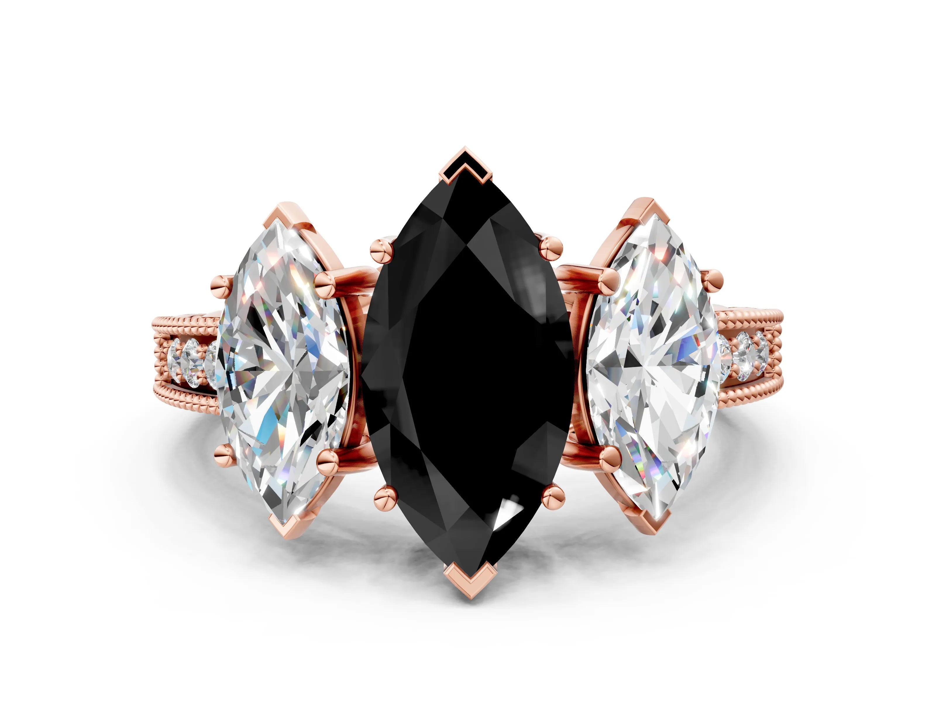 Rose gold Three-Stone Fancy Black Marquise Cut Cut Milgrain Pavé Engagement Ring