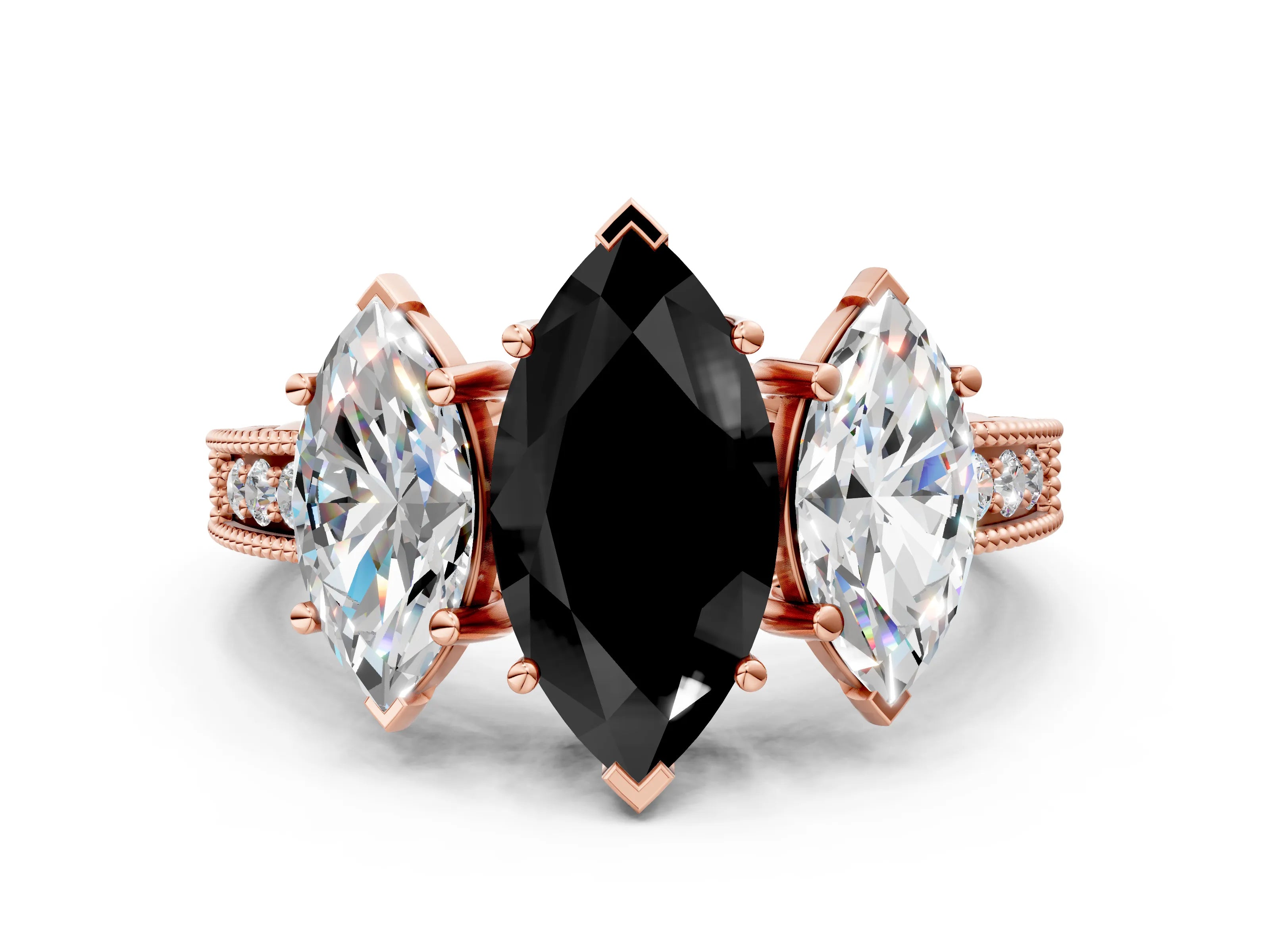 Rose gold Three-Stone Fancy Black Marquise Cut Cut Milgrain Pavé Engagement Ring_12