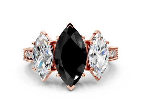 Rose gold Three-Stone Fancy Black Marquise Cut Cut Milgrain Pavé Engagement Ring_12