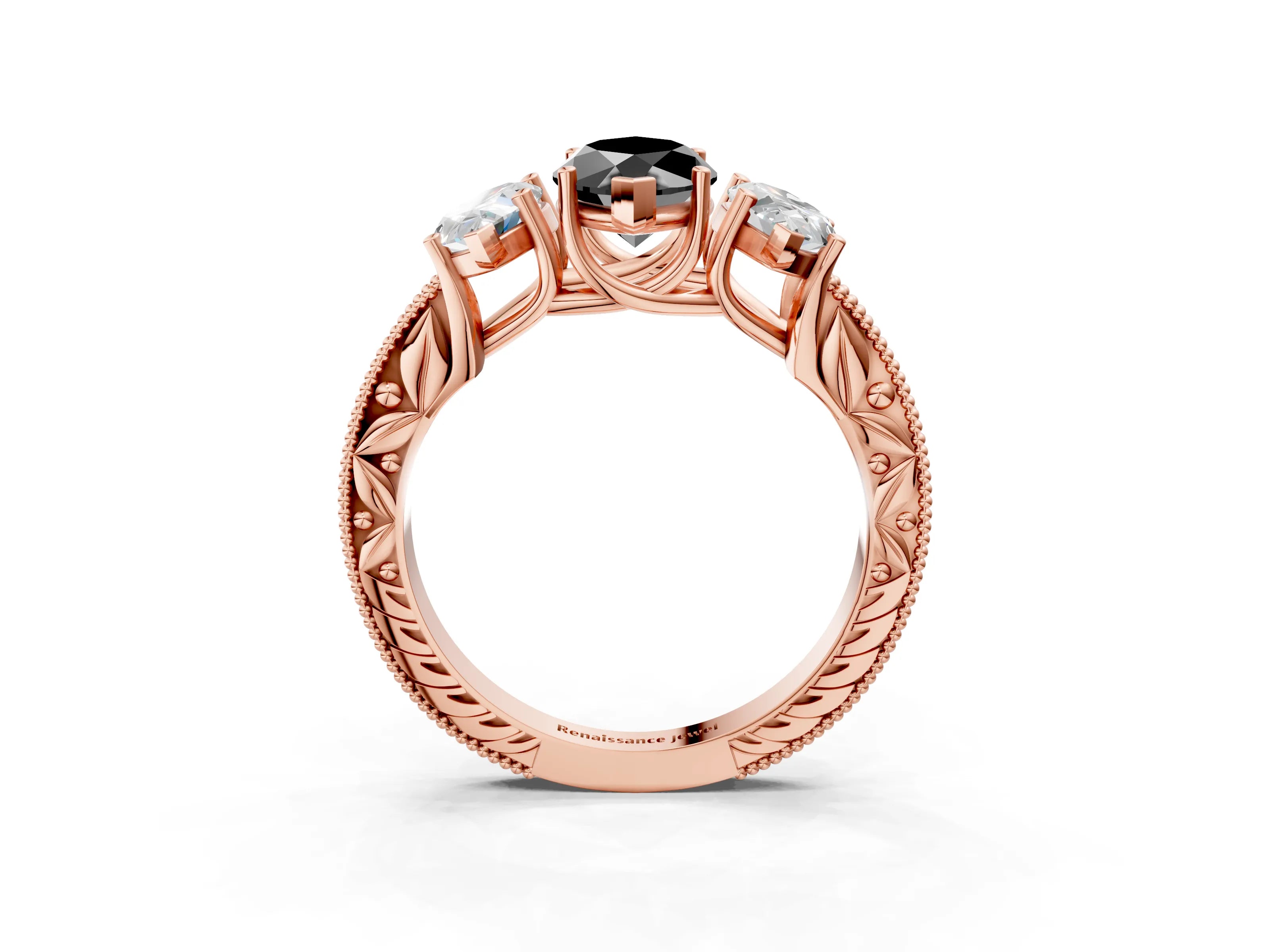 Rose gold Three-Stone Fancy Black Marquise Cut Cut Milgrain Pavé Engagement Ring_15