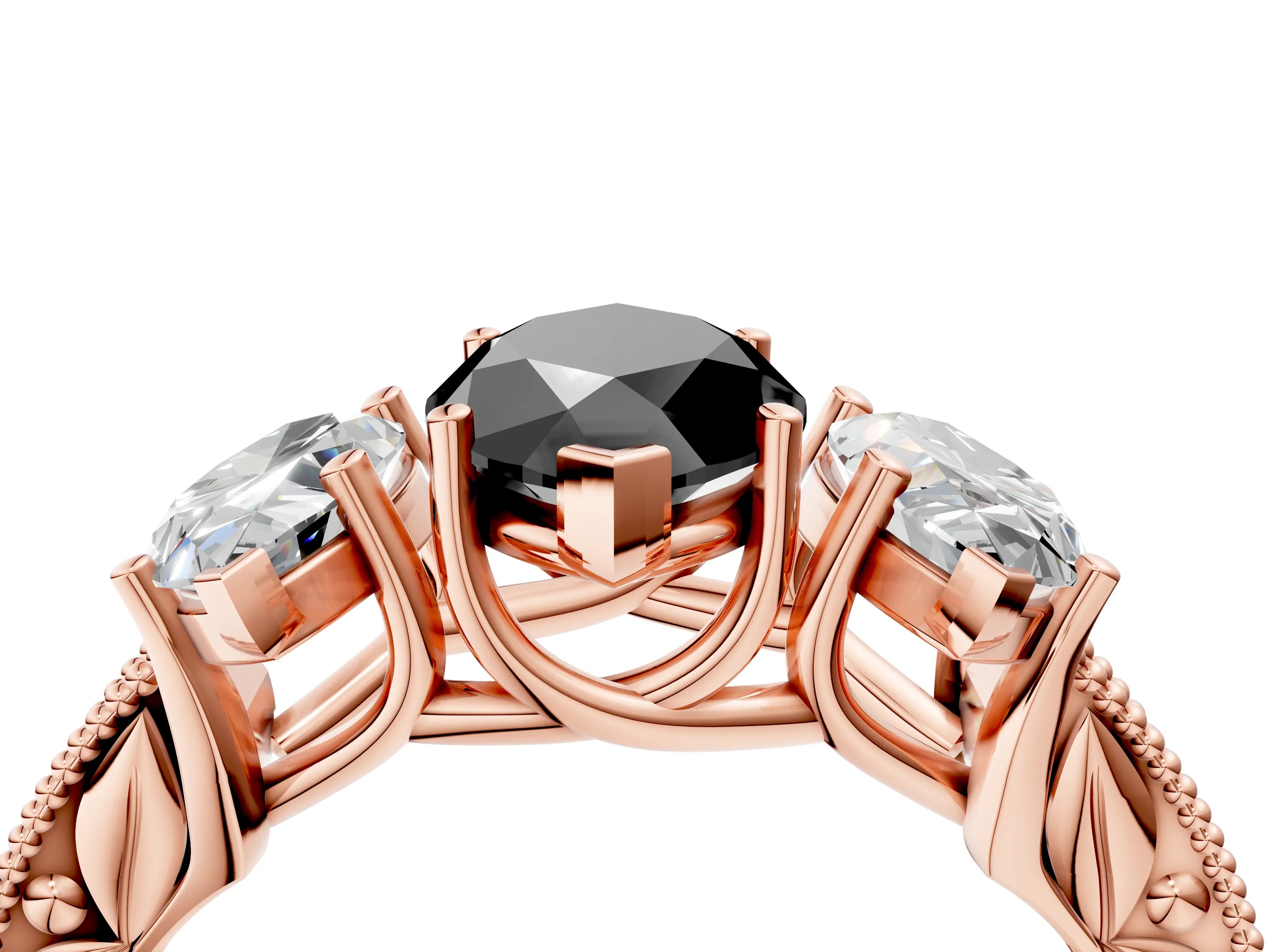Rose gold Three-Stone Fancy Black Marquise Cut Cut Milgrain Pavé Engagement Ring_16