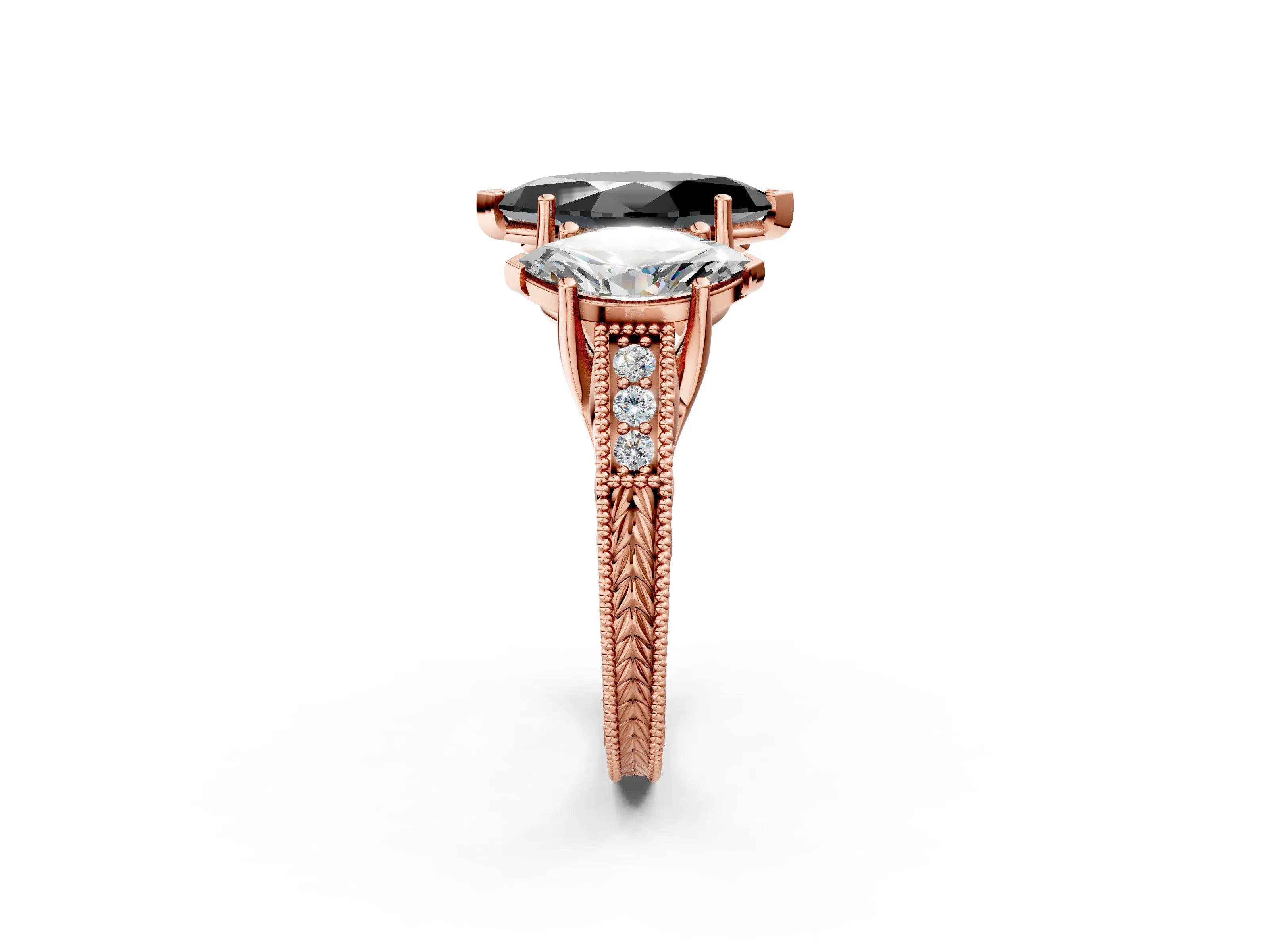 Rose gold Three-Stone Fancy Black Marquise Cut Cut Milgrain Pavé Engagement Ring_2