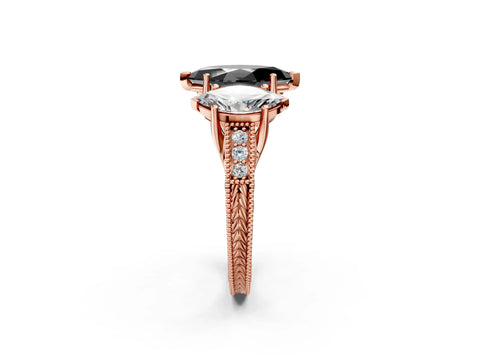 Rose gold Three-Stone Fancy Black Marquise Cut Cut Milgrain Pavé Engagement Ring_2