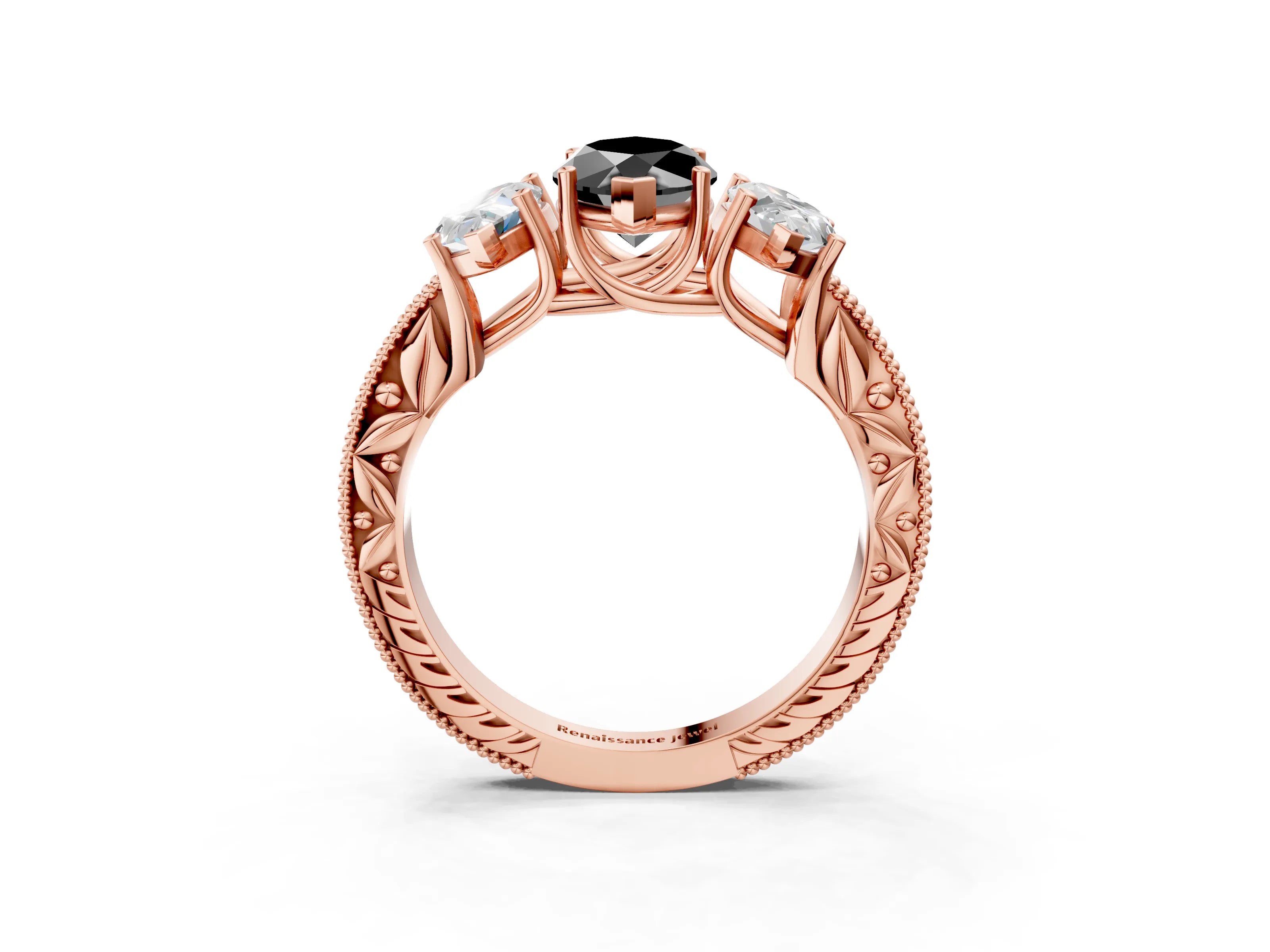 Rose gold Three-Stone Fancy Black Marquise Cut Cut Milgrain Pavé Engagement Ring_3