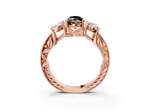 Rose gold Three-Stone Fancy Black Marquise Cut Cut Milgrain Pavé Engagement Ring_3