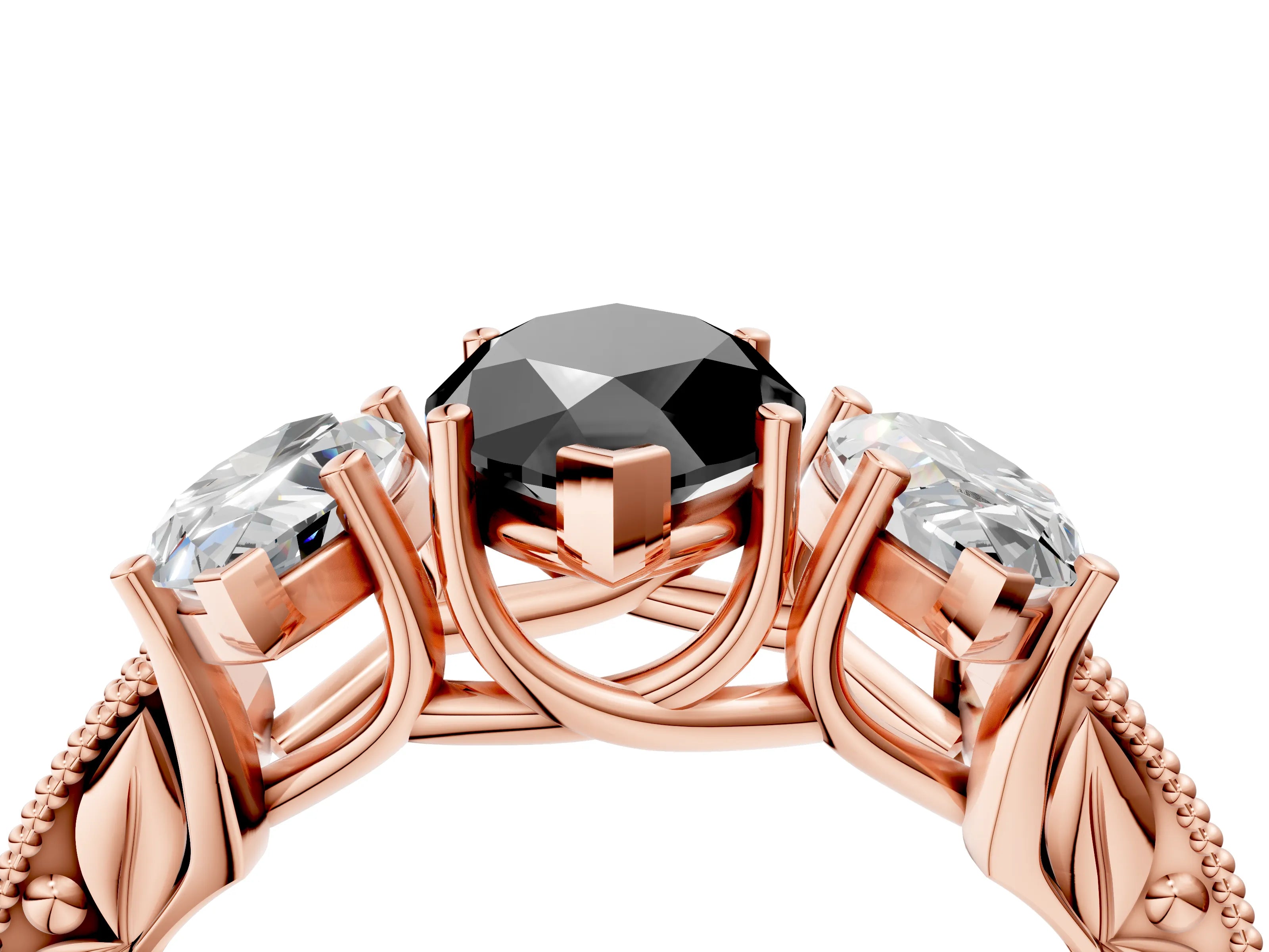 Rose gold Three-Stone Fancy Black Marquise Cut Cut Milgrain Pavé Engagement Ring_4