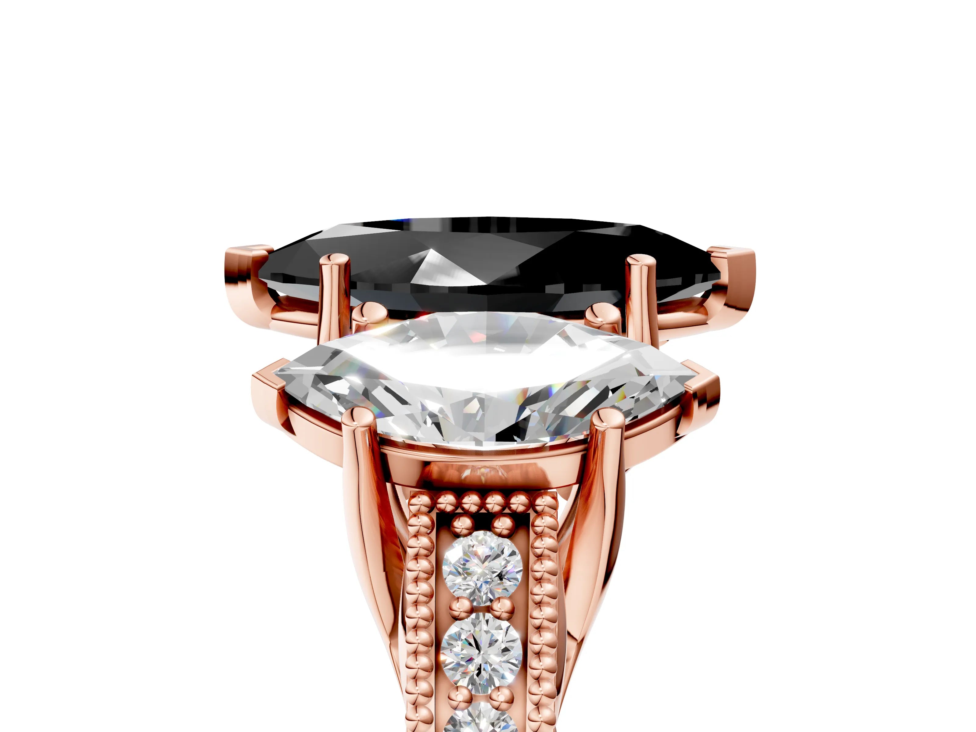 Rose gold Three-Stone Fancy Black Marquise Cut Cut Milgrain Pavé Engagement Ring_5