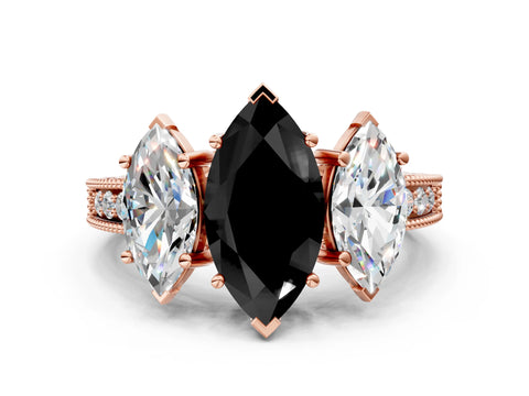 Rose gold Three-Stone Fancy Black Marquise Cut Cut Milgrain Pavé Engagement Ring