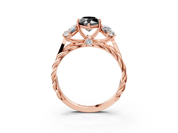 Rose Gold Marquise Three Stone Engagement Ring Setting for Black Center with Braided Band