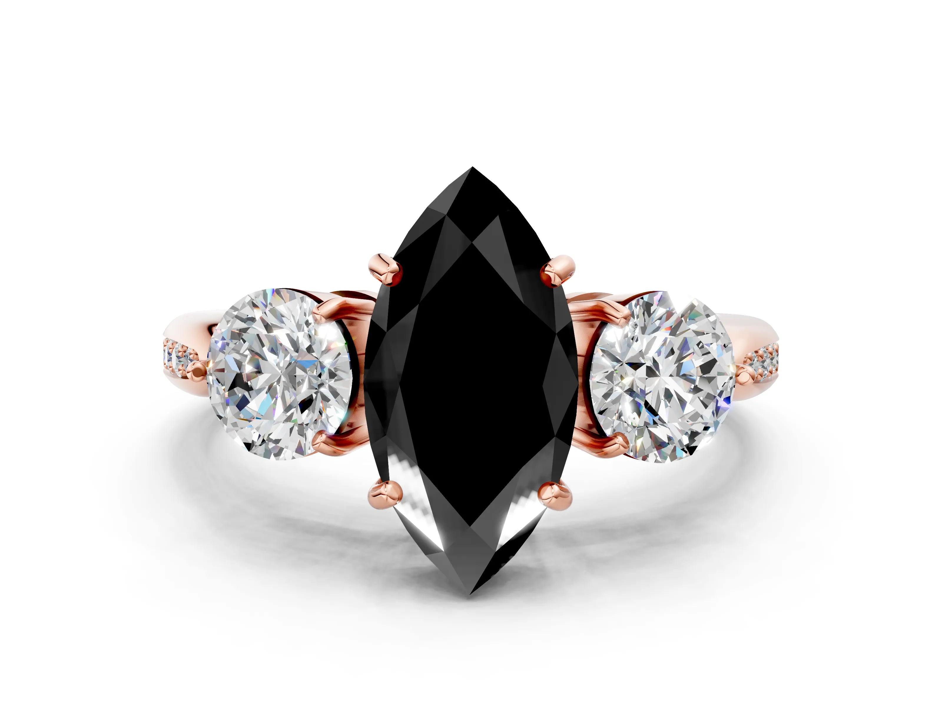 Rose gold Three-Stone Fancy Black Marquise Cut Diamond Channel Set Engagement Ring with Prong Setting