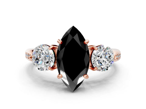Rose gold Three-Stone Fancy Black Marquise Cut Diamond Channel Set Engagement Ring with Prong Setting