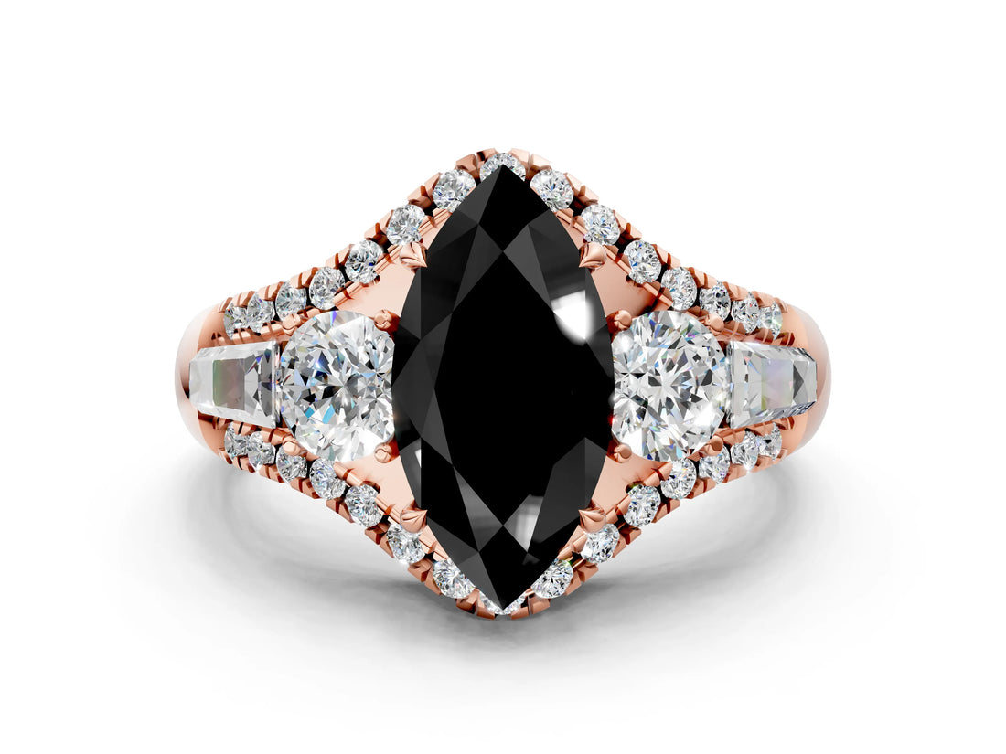 Rose gold Three-Stone Fancy Black Marquise Cut Diamond Engagement Ring with Pave Band and Prong Setting