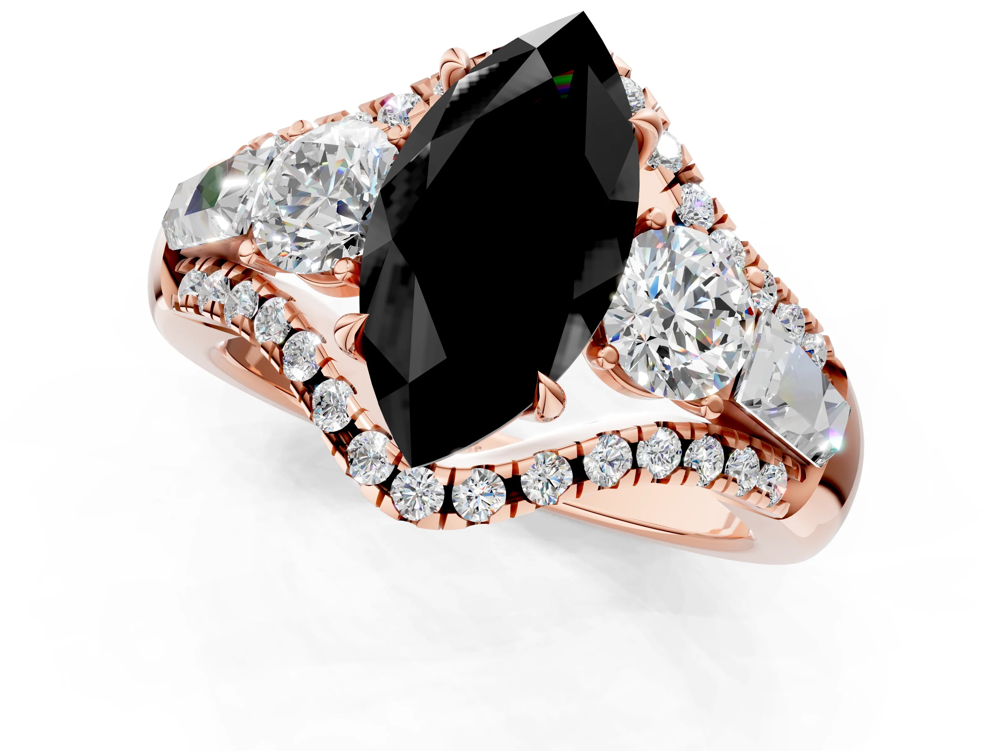 Rose gold Three-Stone Fancy Black Marquise Cut Diamond Engagement Ring with Pave Band and Prong Setting_1