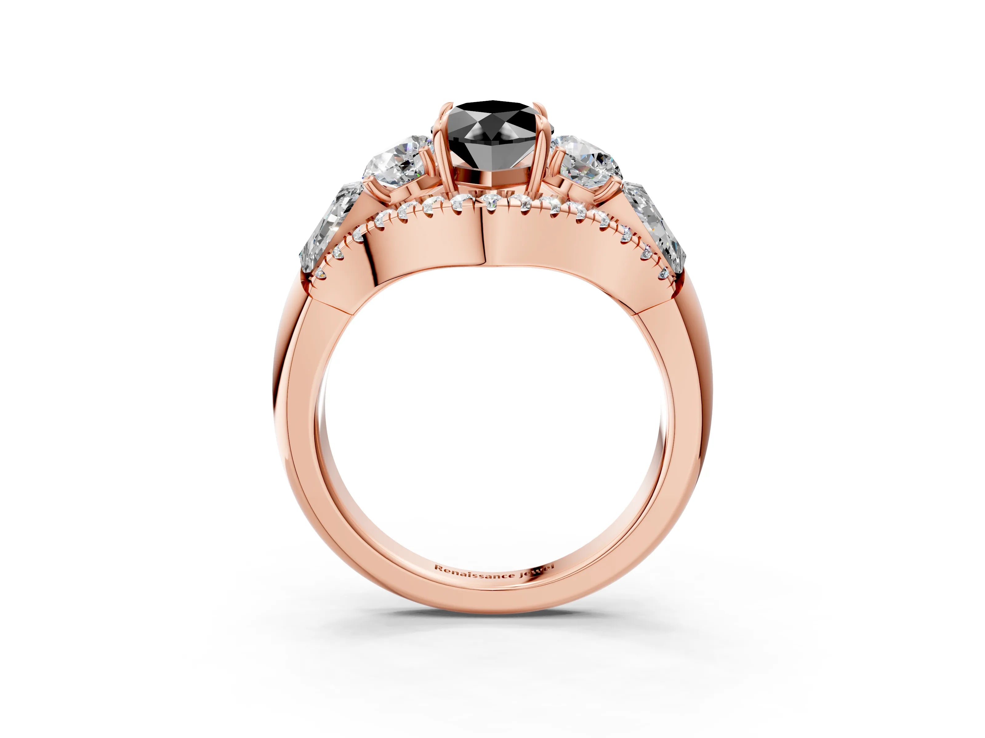 Rose gold Three-Stone Fancy Black Marquise Cut Diamond Engagement Ring with Pave Band and Prong Setting_3
