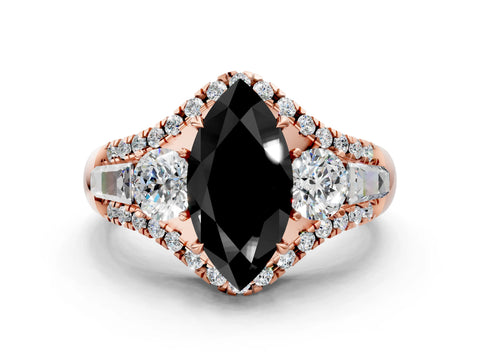 Rose gold Three-Stone Fancy Black Marquise Cut Diamond Engagement Ring with Pave Band and Prong Setting