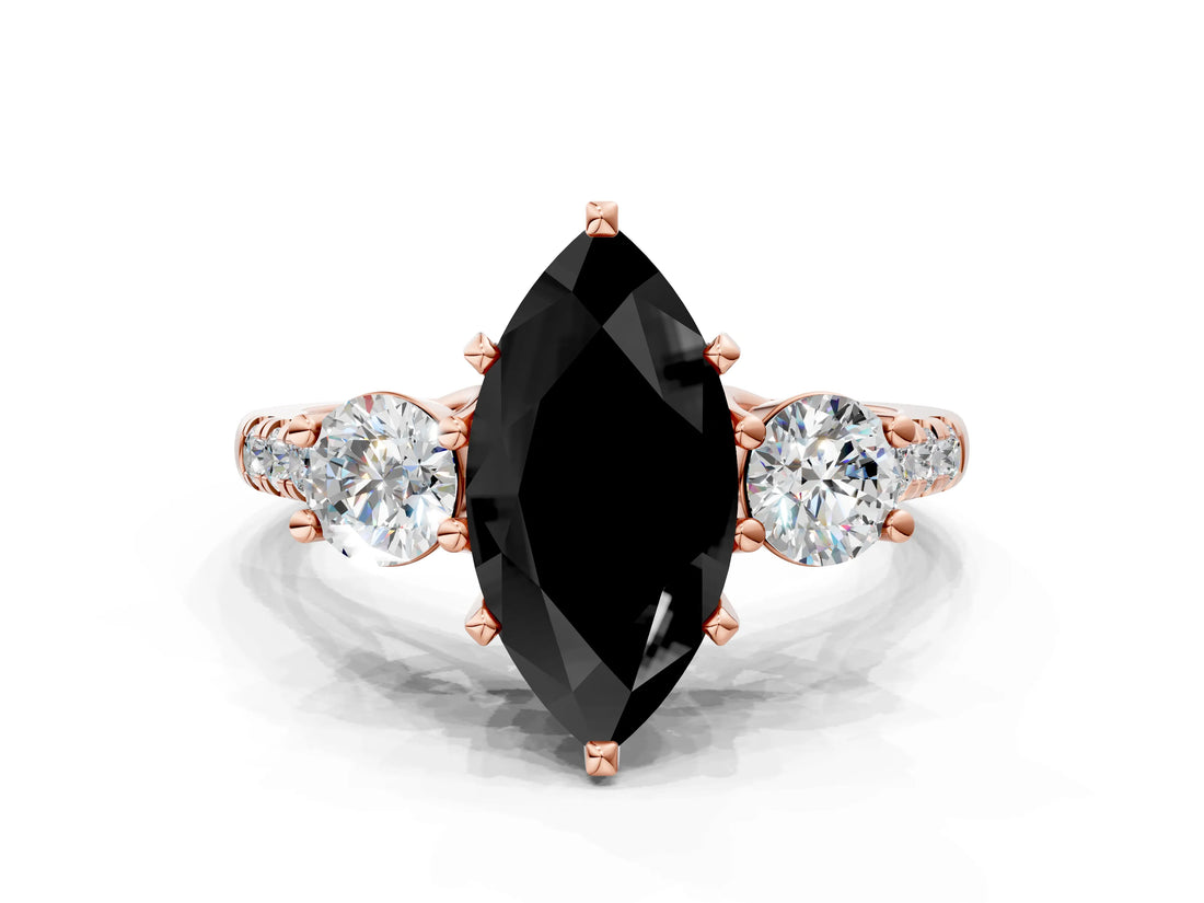 Rose gold Three-Stone Fancy Black Marquise Cut Diamond Pavé Band with Four-Prong Setting
